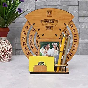 GKD Calendar of lifetime, calendar desk organizer round table calendar 2025-2026 premium antique look for office decor, wooden calender also corporate gifts (Bamboo Eco friendly)