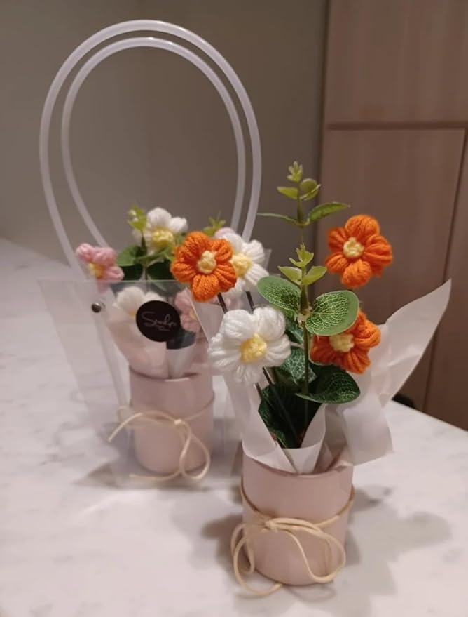 VRB Dec Artificial Crochet Flower Bouquet, Artificial Flowers Bunch, Gift for Girls, Home Decor, Gifting, etc, Pink Daisy Bouquet, 1 pcs