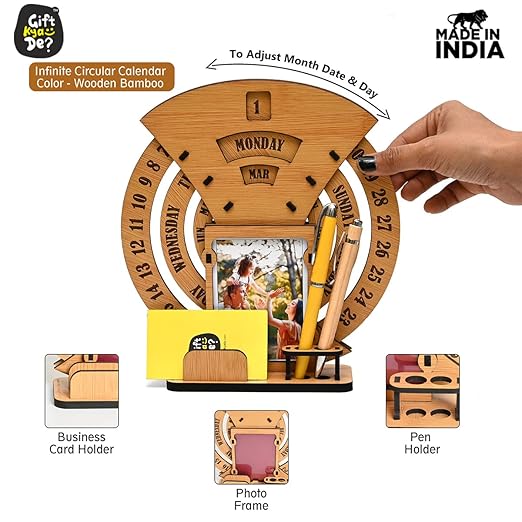 GKD Calendar of lifetime, calendar desk organizer round table calendar 2025-2026 premium antique look for office decor, wooden calender also corporate gifts (Bamboo Eco friendly)